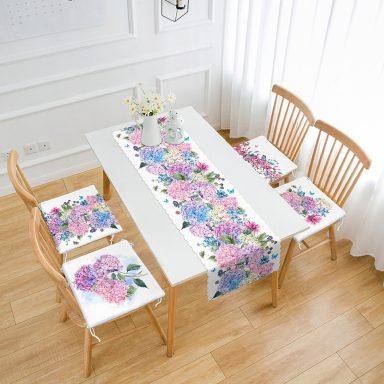 Ortanca Çiçek Motifli 4 Fermuarlı Sandalye Minderi ve 1 Runner Seti