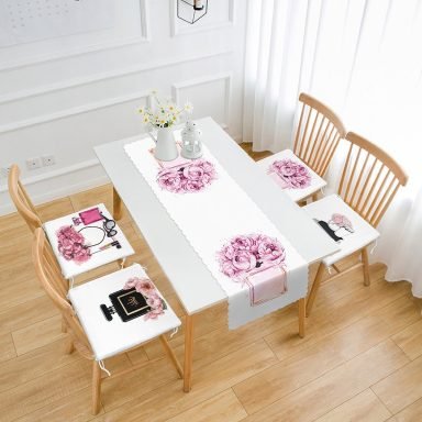 Parfüm Şişesi Tasarımlı 4 Fermuarlı Sandalye Minderi ve 1 Runner Seti