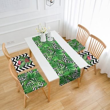 3D Yaprak ve Flamingo Tasarımlı 4 Fermuarlı Sandalye Minderi ve 1 Runner Seti