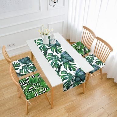 Yaprak Motifli 4 Fermuarlı Sandalye Minderi ve 1 Runner Seti