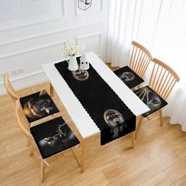 Siyahi Arap Kadın Tasarımlı 4 Fermuarlı Sandalye Minderi ve 1 Runner Seti