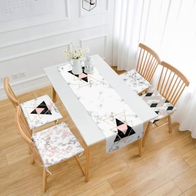 Mermer Zeminli Geometrik Çizimler 4 Fermuarlı Sandalye Minderi ve 1 Runner Seti