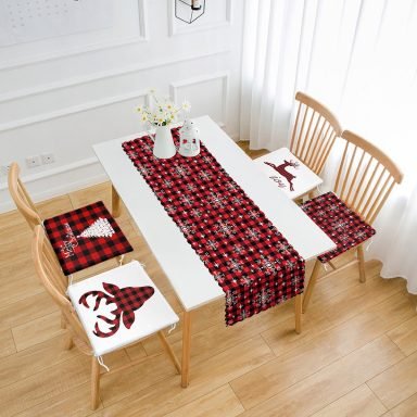 Mery Christmas Yılbaşı Tasarımlı 4 Fermuarlı Sandalye Minderi ve 1 Runner Seti