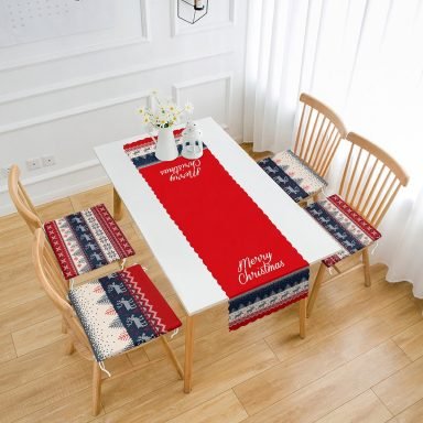 Mery Christmas Geyik Motifli 4 Fermuarlı Sandalye Minderi ve 1 Runner Seti