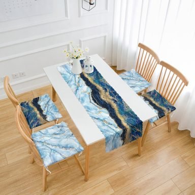 Mavi Mermer Tasarımlı 4 Fermuarlı Sandalye Minderi ve 1 Runner Seti