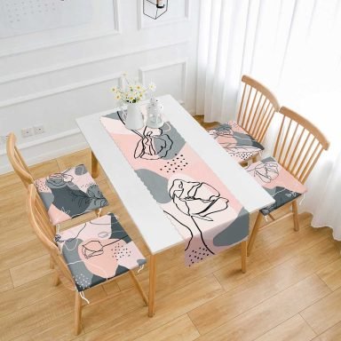 Soyut Renkli Gül Çizimleri 4 Fermuarlı Sandalye Minderi ve 1 Runner Seti