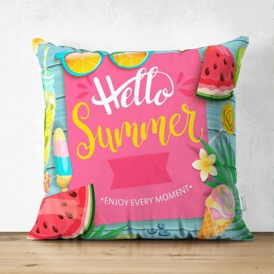 Hello Summer Özel Tasarımlı Modern Dijital Süet Yastık Kırlent Kılıfı