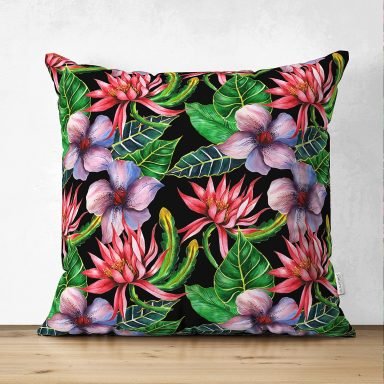 Siyah Zeminde Suluboya Tropik Bitkiler Tasarımlı Modern Süet Yastık Kırlent Kılıfı