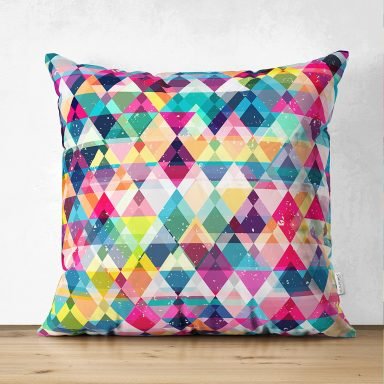 Modern Renkli Üçgen Tasarımlı Dijital Baskılı Modern Süet Yastık Kırlent Kılıfı