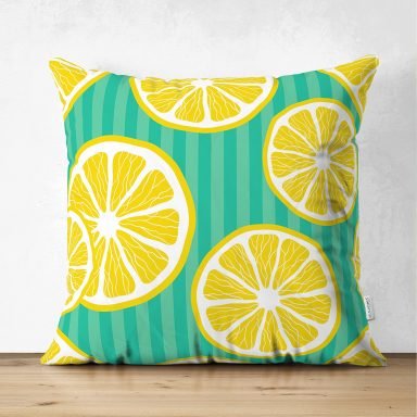Yeşil Zeminde Limonlar Özel Tasarımlı Modern Süet Yastık Kırlent Kılıfı