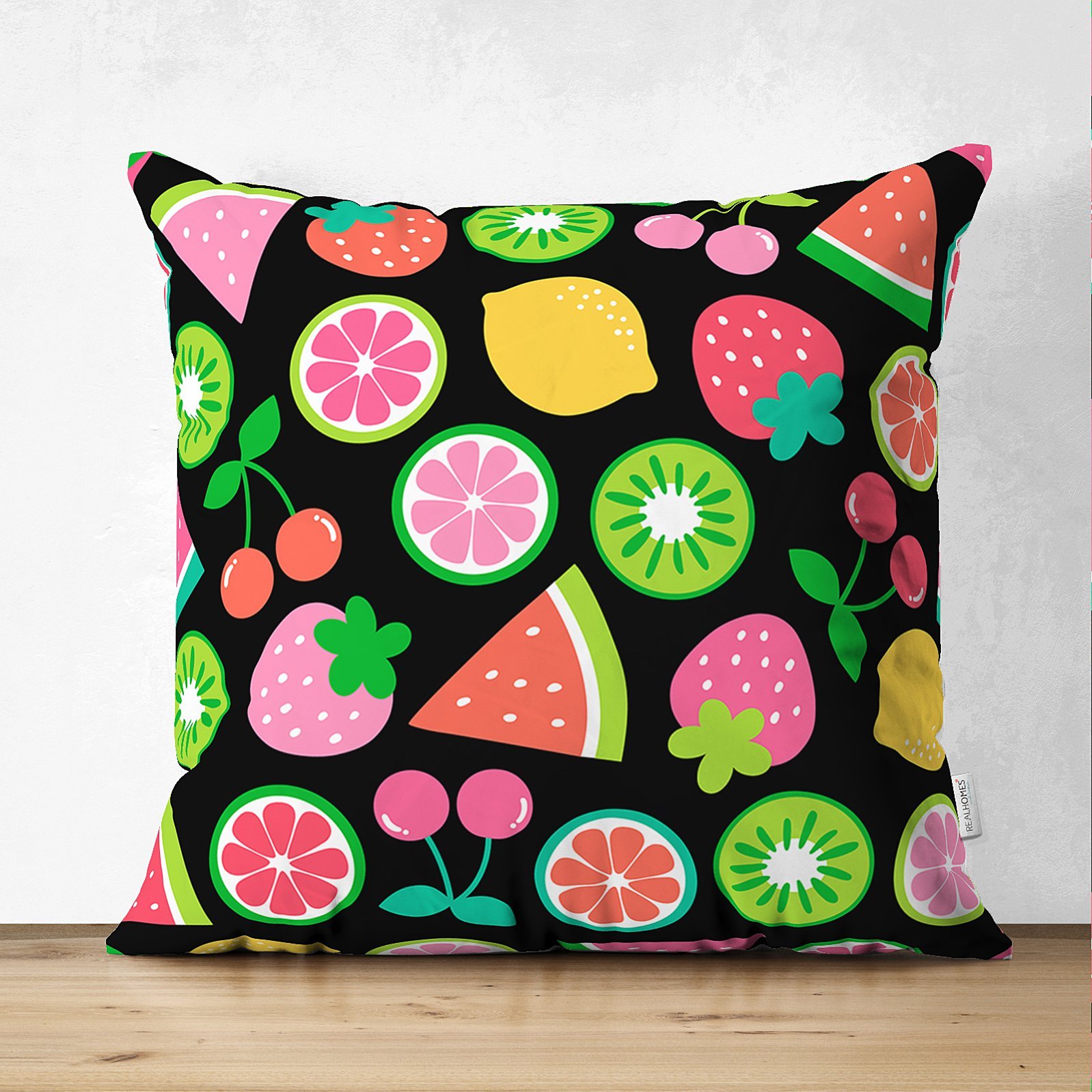 Suet-K3484-Siyah-Zeminli-Meyveler-Tasarimli-Dijital-Baskili-Modern-Suet-Yastik-Kirlent-Kilifi