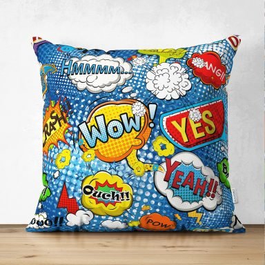 Mavi Zeminde Pop Art Özel Tasarımlı Dijital Baskılı Modern Süet Yastık Kırlent Kılıfı