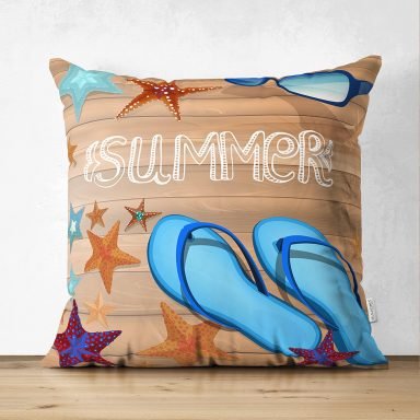 Summer Plaj Tasarımlı Dijital Baskılı Dekoratif Süet Yastık Kırlent Kılıfı