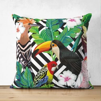 Geometrik Zeminde Tropikal Desenli Dijital Baskılı Modern Süet Yastık Kırlent Kılıfı