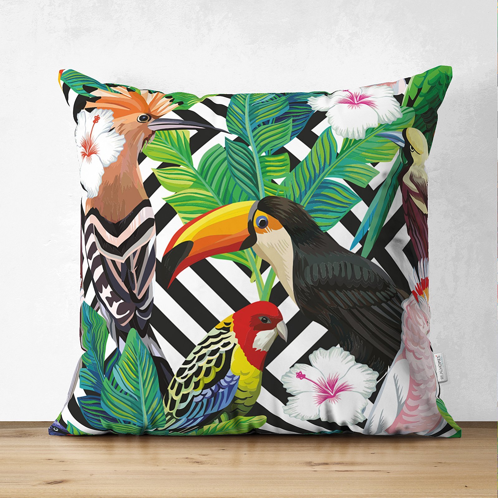 Suet-K3502-Geometrik-Zeminde-Tropikal-Desenli-Dijital-Baskili-Modern-Suet-Yastik-Kirlent-Kilifi