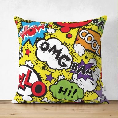 Sarı Zeminde Popart Özel Tasarımlı Dijital Baskılı Modern Süet Yastık Kırlent Kılıfı