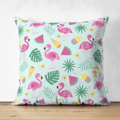 Summer Flamingo Motifli Özel Tasarım Dijital Baskılı Süet Yastık Kırlent Kılıfı