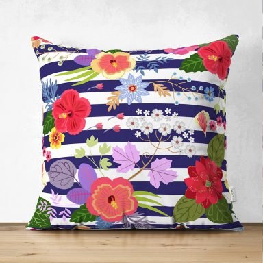 Mavi Çizgili Çiçek Desenli Özel Tasarım Dijital Baskılı Modern Süet Yastık Kırlent Kılıfı