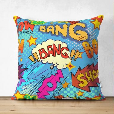 Mavi Zeminli Popart Özel Tasarım Dijital Baskılı Modern Süet Yastık Kırlent Kılıfı