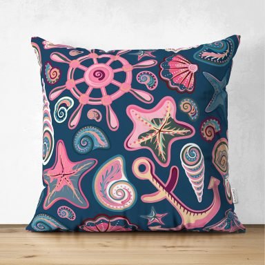Lacivert Zeminli Deniz Midyeleri Dijital Baskılı Modern Süet Yastık Kırlent Kılıfı