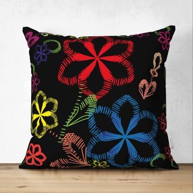 Siyah Zeminde Çiçek Motifli Dijital Baskılı Modern Süet Yastık Kırlent Kılıfı