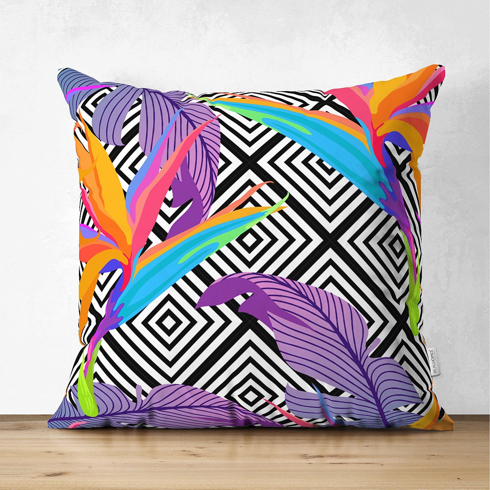 Suet-K3543-Geometrik-Zeminde-Tropikal-Yapraklar-Dijital-Baskili-Modern-Suet-Yastik-Kirlent-Kilifi