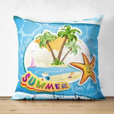 Mavi Zeminde Summer Motifli Dijital Baskılı Modern Süet Yastık Kırlent Kılıfı
