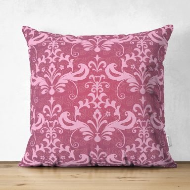 Fuşya Zeminli Damask Motifler Modern Süet Yastık Kırlent Kılıfı