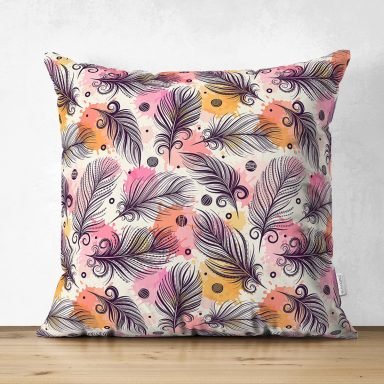 Renkli Tüyler Dijital Baskılı Modern Süet Yastık Kırlent Kılıfı