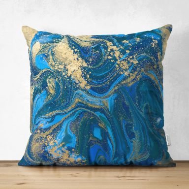 Mavi Zeminli Altın Yaldızlı Dijital Baskılı Modern Süet Yastık Kırlent Kılıfı