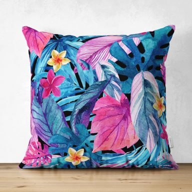 Mavi Zeminde Rengarenk Çiçekler Modern Süet Yastık Kırlent Kılıfı