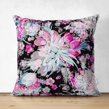 Siyah Zeminde Çiçek Figürlü Özel Tasarım Dijital Baskılı Modern Süet Yastık Kırlent Kılıfı