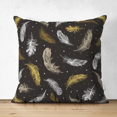 Siyah Zeminde Gold tüyler Dijital Baskılı Modern Süet Yastık Kırlent Kılıfı