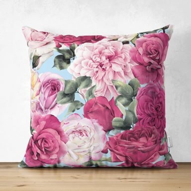 Pembe Güller Dijital Baskılı Modern Süet Yastık Kırlent Kılıfı
