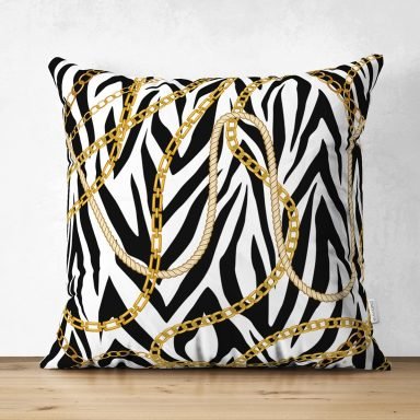 Zebra Zeminde Zincir Desen Özel Tasarım Dijital Baskılı Modern Süet Yastık Kırlent Kılıfı