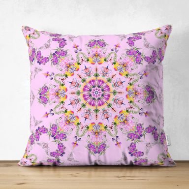 Pembe Zeminde Damask Desenli Özel Tasarım Dijital Baskılı Modern Süet Yastık Kırlent Kılıfı