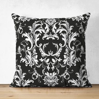 Siyah Zeminde Damask Özel Tasarım Dijital Baskılı Modern Süet Yastık Kırlent Kılıfı