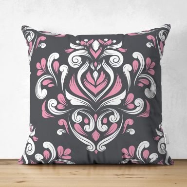 Gri Zeminde Pembe Beyaz Damask Desenli Özel Tasarım Dijital Baskılı Modern Süet Yastık Kırlent Kılıfı