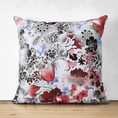 Leopar Ve Damask Zeminde Çiçek Desenli Tasarım Dijital Baskılı Modern Süet Yastık Kırlent Kılıfı