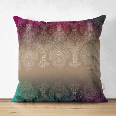 Renkli Zeminde Damask Motifli Özel Tasarım Dijital Baskılı Modern Süet Yastık Kırlent Kılıfı