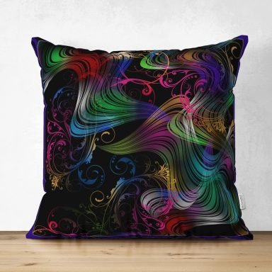 Koyu Zeminde Abstract Motifli Özel Tasarım Dijital Baskılı Modern Süet Yastık Kırlent Kılıfı