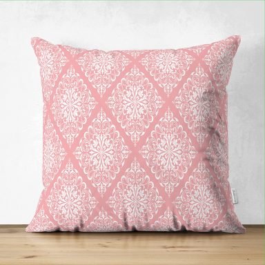 Pembe Damask Dijital Baskılı Dekoratif Süet Yastık Kırlent Kılıfı