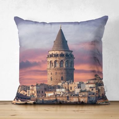 Galata Kulesi Dijital Baskılı Dekoratif Süet Yastık Kırlent Kılıfı