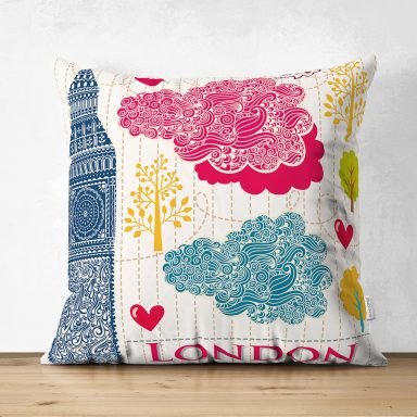 London Dijital Baskılı Dekoratif Süet Yastık Kırlent Kılıfı