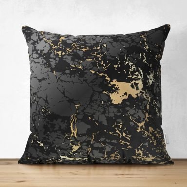 Siyah Zeminde Gold Renkli Çizim Desenli Dijital Baskılı Modern Süet Yastık Kırlent Kılıfı