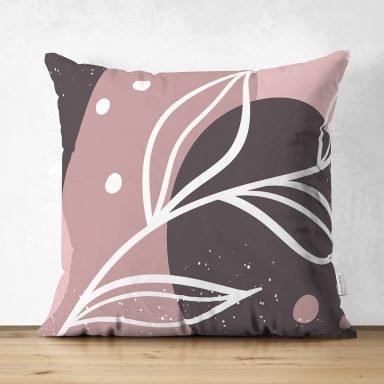 Pudra Zeminde Beyaz Renkli Yaprak Çizimi Dijital Baskılı Modern Süet Yastık Kırlent Kılıfı