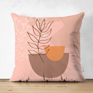 Pudra Zeminde Onedraw Çizimli Yaprak Desenli Dijital Baskılı Modern Süet Yastık Kırlent Kılıfı