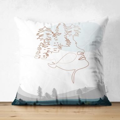 Beyaz Zemin Üzerinde Manzara Motifli Bayan Silüeti Dijital Baskılı Modern Süet Yastık Kırlent Kılıfı