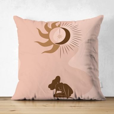 Pastel Renkli Zemin Üzerinde Onedraw Çizimli Dijital Baskılı Modern Süet Yastık Kırlent Kılıfı