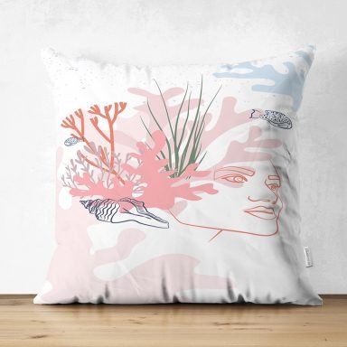 Beyaz Zemin Üzerinde Botanical Face Dijital Baskılı Modern Süet Yastık Kırlent Kılıfı